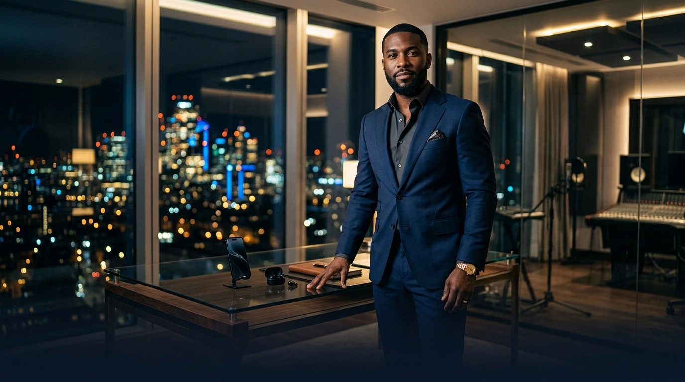 Ray J net worth 2026 — entertainer turned tech entrepreneur standing in modern office with wireless earbuds