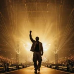Chris Brown performing on stage surrounded by dynamic lighting and visual effects