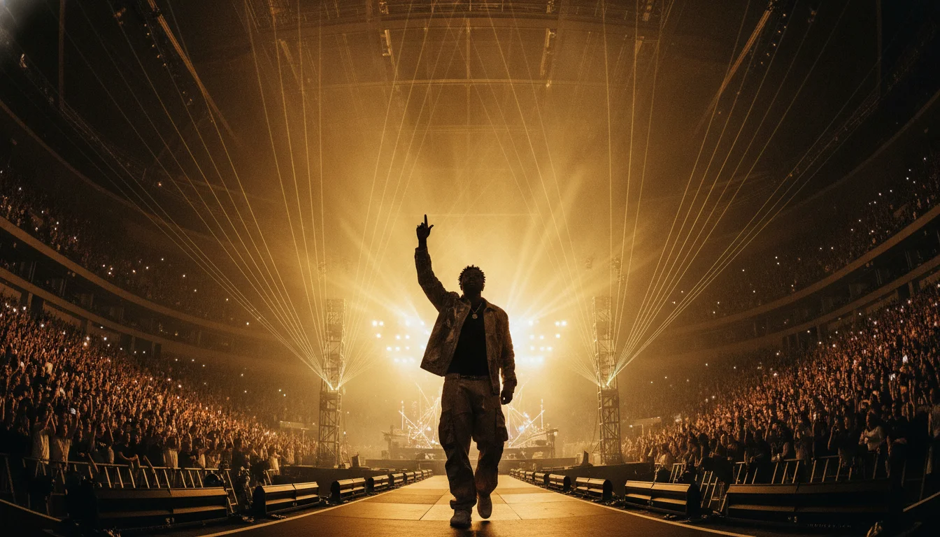 Chris Brown performing on stage surrounded by dynamic lighting and visual effects